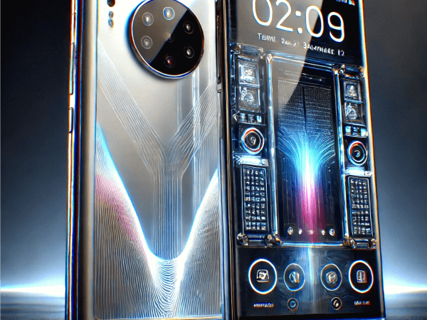 A futuristic smartphone with a transparent back, showcasing internal components and customizable LED lights, featuring a large AMOLED display and sleek, minimalistic design.