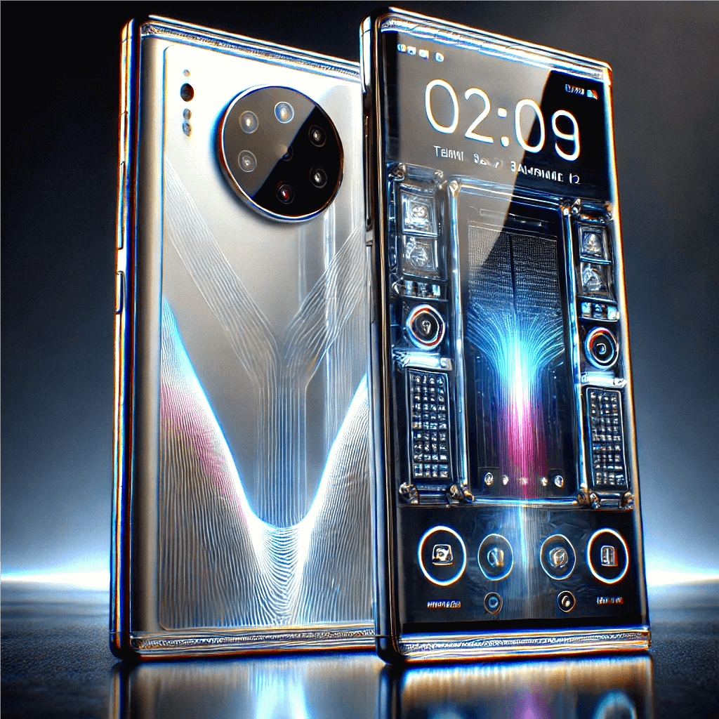 A futuristic smartphone with a transparent back, showcasing internal components and customizable LED lights, featuring a large AMOLED display and sleek, minimalistic design.